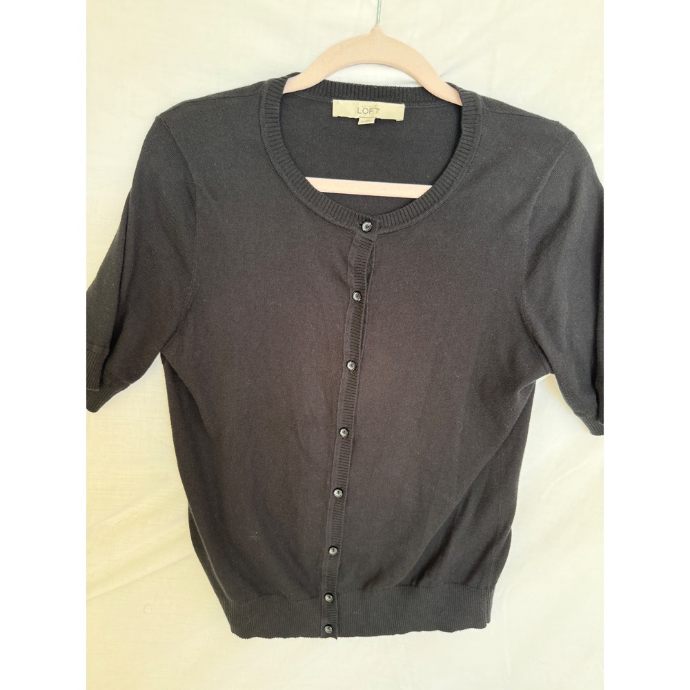 LOFT Ann Taylor Black Short Sleeve Button Front Cardigan Sweater Medium
